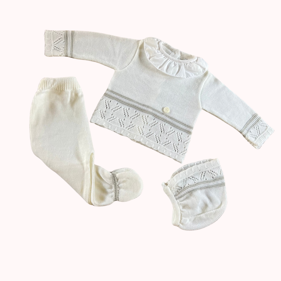 Conjunto Clara algodón español bebé blanco gris - vista frontal La Casita de Iñaki